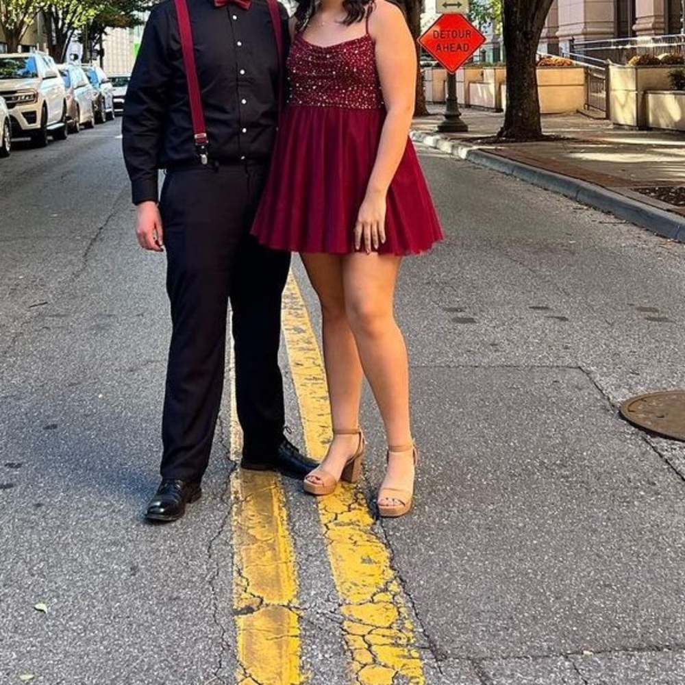 Elegant, red, pearl, fluffy homecoming dress